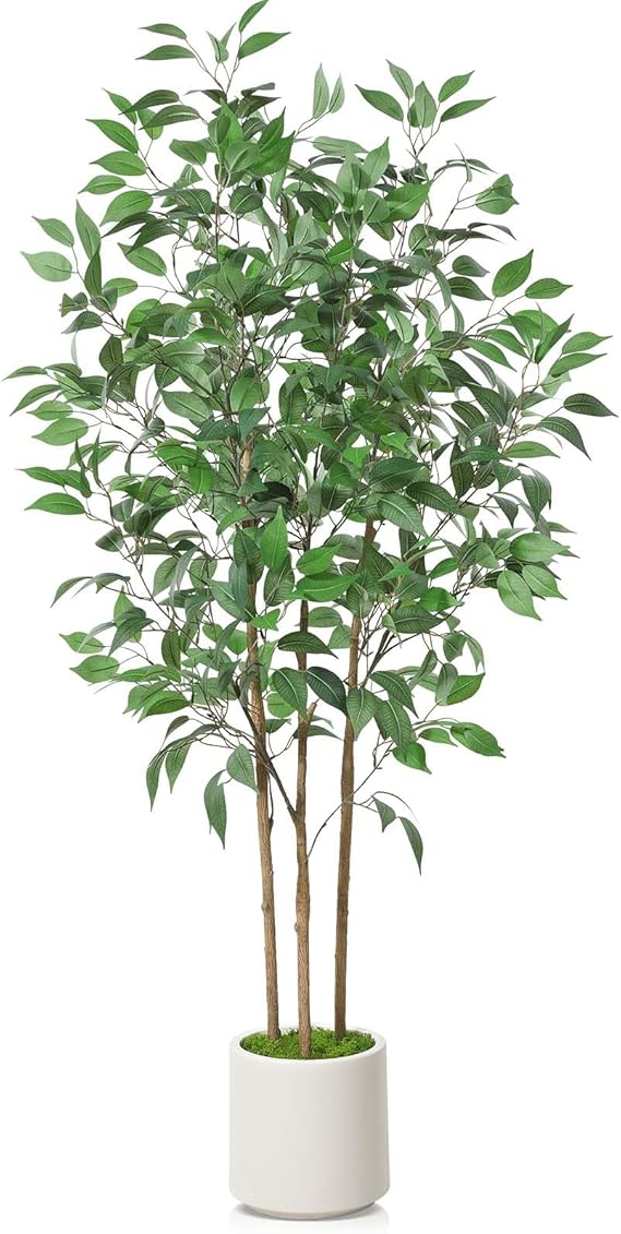 Ficus Artificial Tree 5ft Tall Fake Ficus Tree for Home Decor Indoor Faux Silk Ficus Plant Fake Floor Plant in White Imitation Ceramic Planter with Green Fake Moss, Set of 1