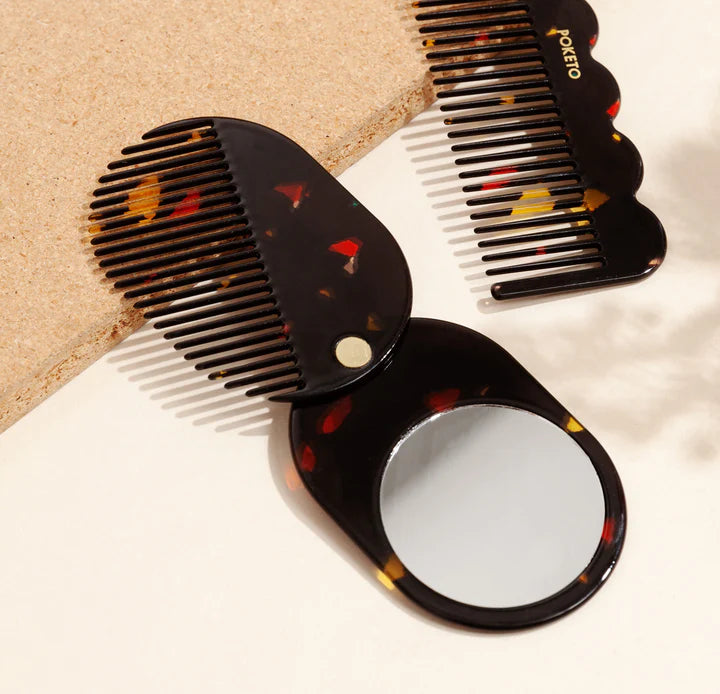 2 in 1 Pocket Comb Mirror in Black Amber