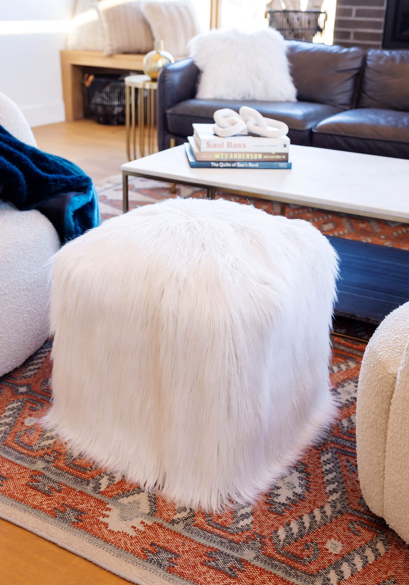 Faux White Tibetan Lamb Pouf