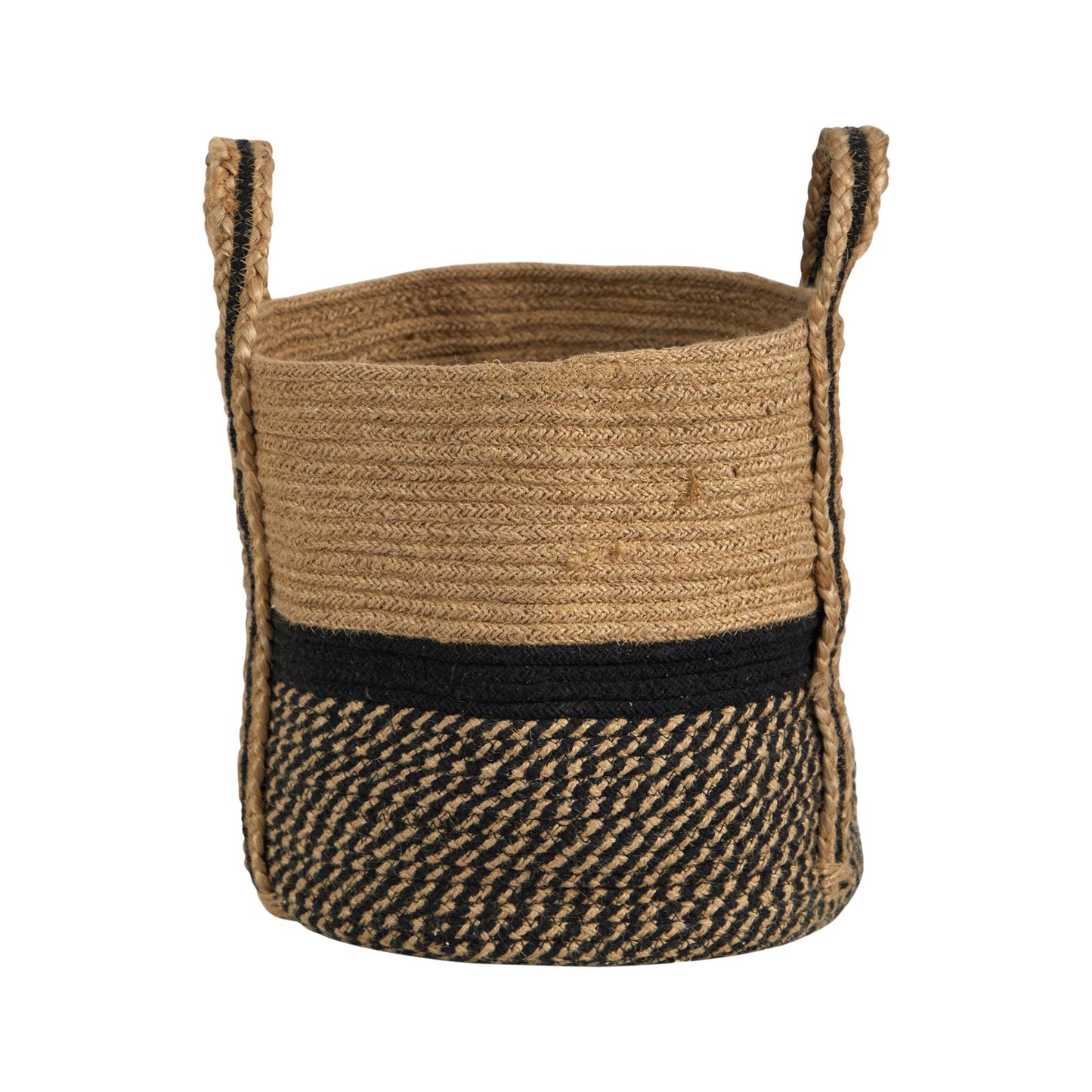 13" Boho Chic Basket Natural Jute Basket Planter, Black Bottom Natural Top with Handles"