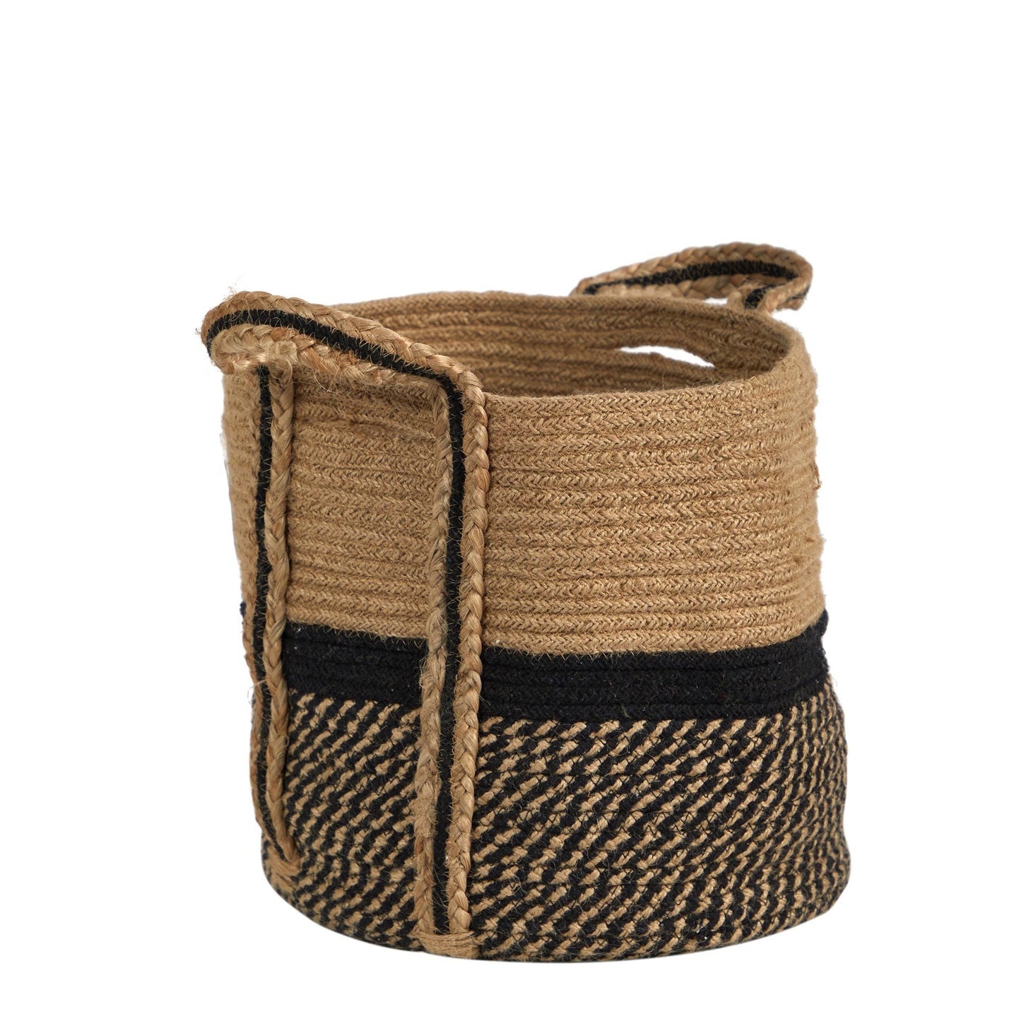 13" Boho Chic Basket Natural Jute Basket Planter, Black Bottom Natural Top with Handles"