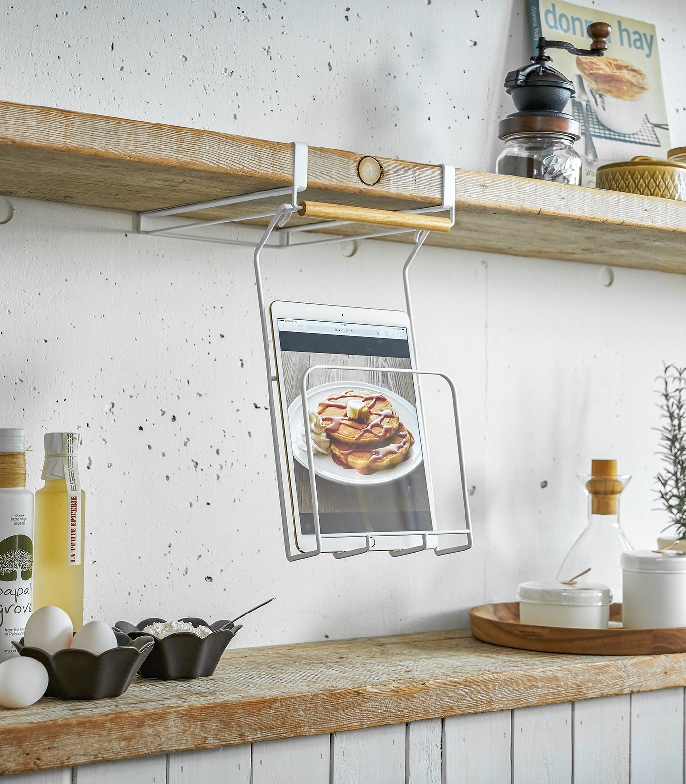 Undershelf Tablet + Cookbook Holder - Steel + Wood